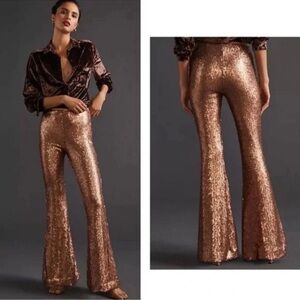 NWT Anthropologie Sequined Flare Pant Rose Gold